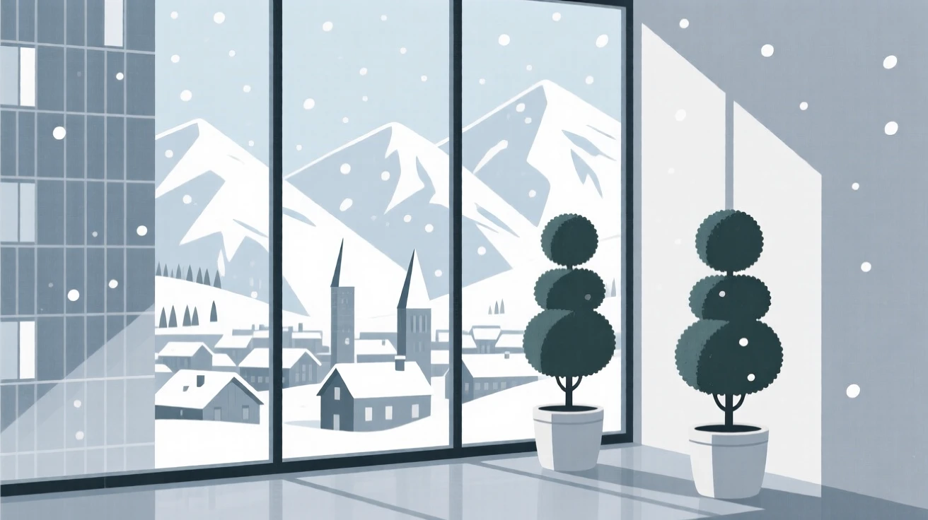 A quiet corner of a modern skyscraper within a snow-dusted alpine town, featuring potted topiary trees, full of quiet elegance.