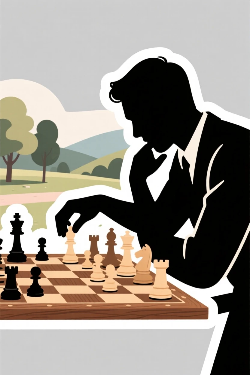 A determined and skilled chess player deep in thought over the board, captured mid-motion during their favorite activity, at a scenic outdoor location.