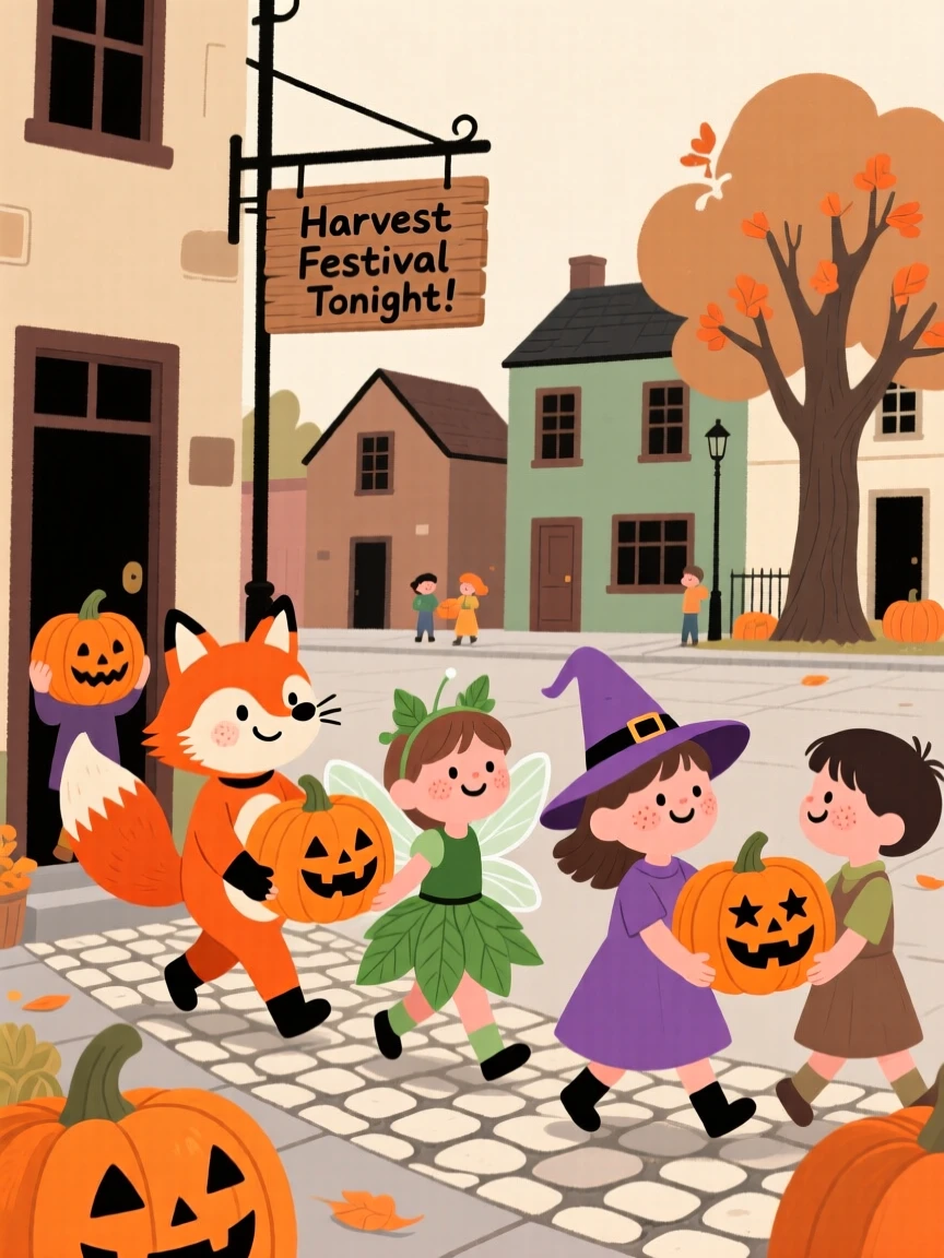 Children in colorful costumes carry carved pumpkins through a small town square decorated for a harvest festival, giggling at every doorway.