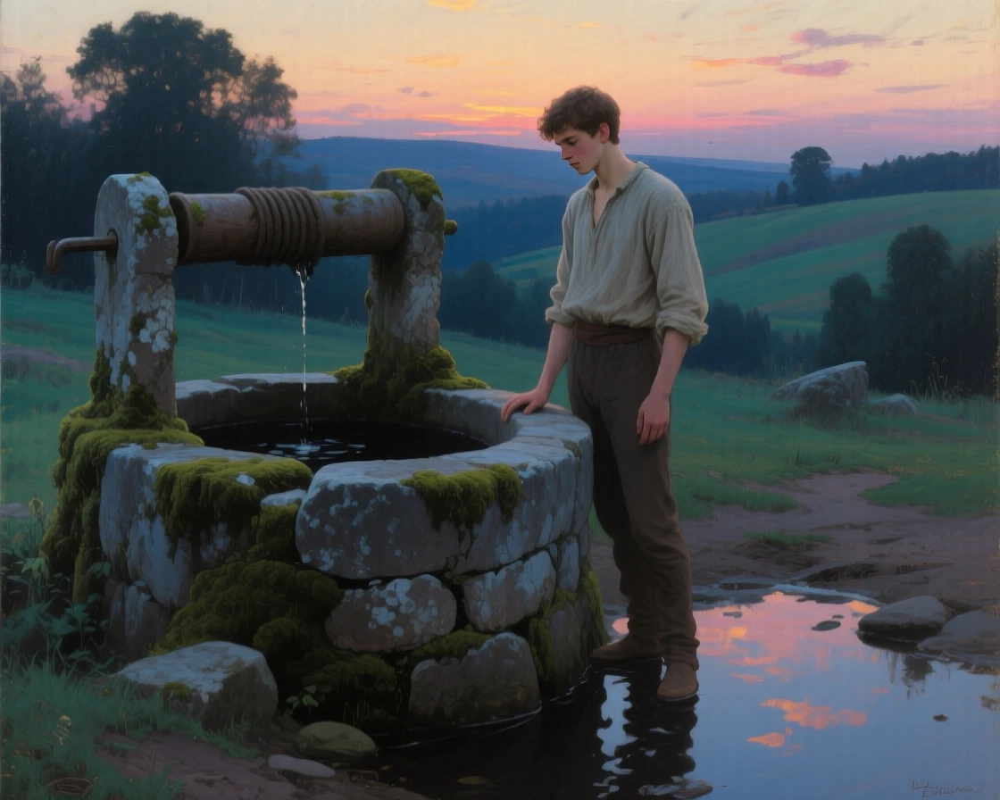 A well-framed scene of a handsome young man beside an old stone well, full of curious wonder, at twilight.