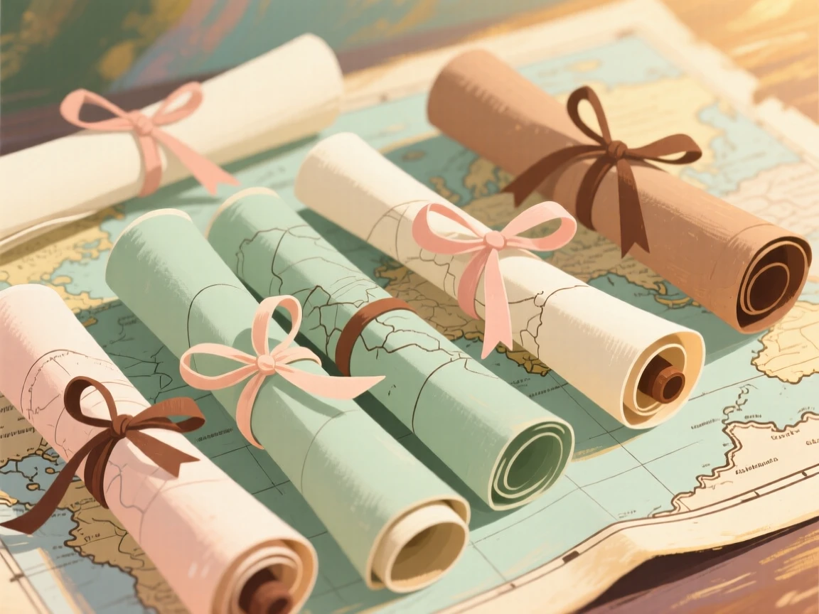 A collection of old maps rolled and tied with ribbon