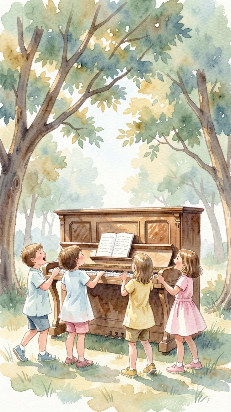 Children singing around a piano with a gentle breeze rustling nearby trees.