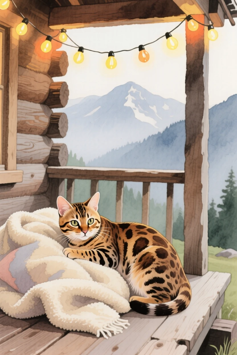 A Bengal kitten nuzzles a soft blanket in a mountain cabin porch, with a string of fairy lights glowing above