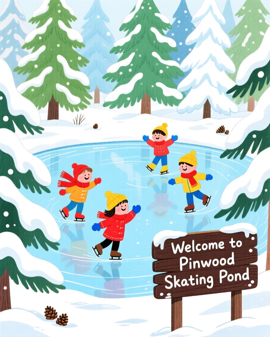An ice skating pond surrounded by snow-covered pine trees, filled with seasonal charm.