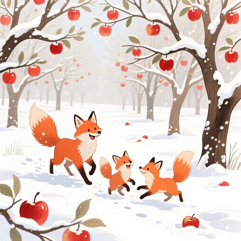 A family of foxes romping through freshly fallen snow, set in an orchard heavy with ripe apples, capturing a fleeting moment of quiet contentment.