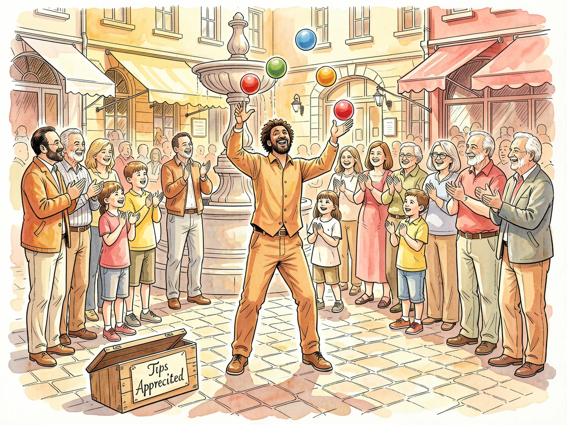 A street performer juggling for a delighted crowd in a busy plaza, warm colors and soft shadows completing the scene.