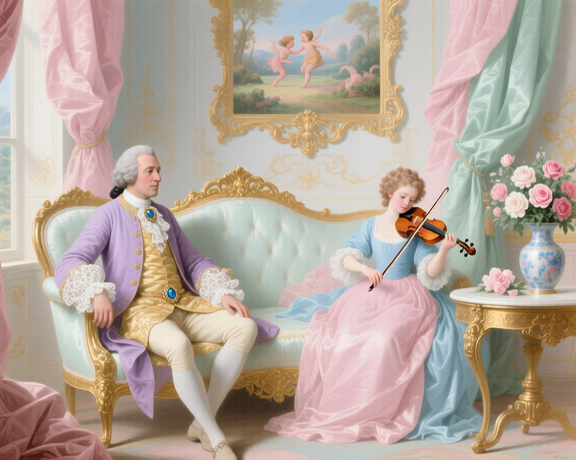 A king listening thoughtfully to a young musician in a private salon  