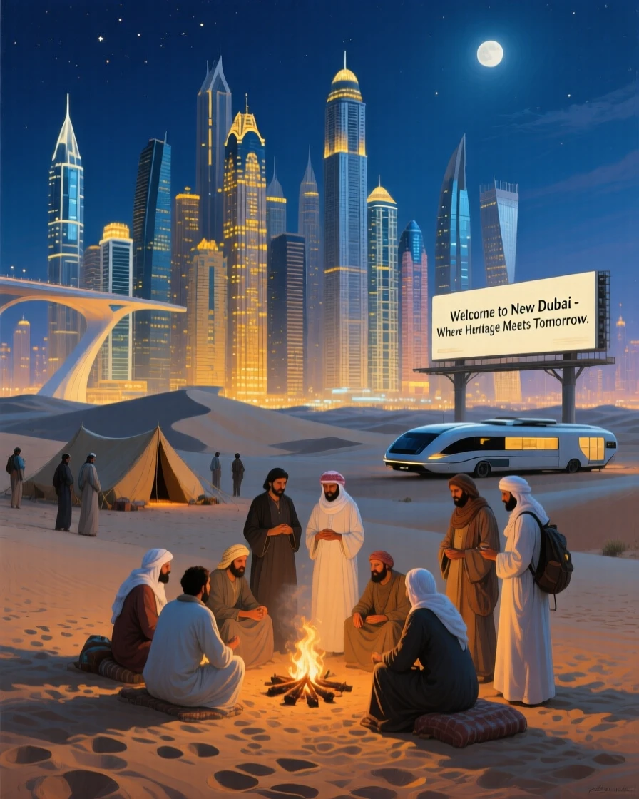 A futuristic Dubai skyline glittering above the desert at night, with locals and travelers adding life and scale to the scene, evoking a strong sense of place, history, and atmosphere