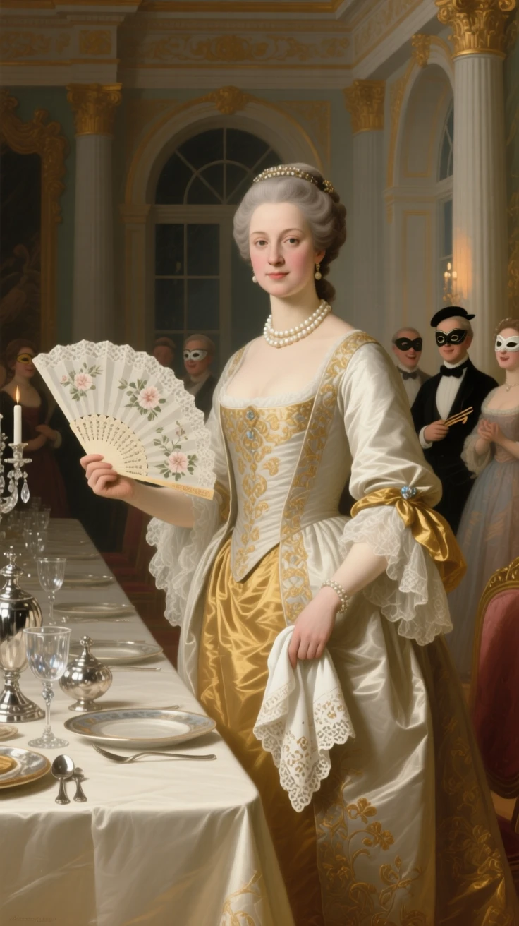 A baroness overseeing preparations for a masked ball as laughter and music fill the air, set in an opulent dining hall set with silver and crystal, with a fan, a pearl necklace, and an embroidered handkerchief as quiet accents; rich architectural framing lends grandeur without crowding the figures, capturing the warmth of family bound by legacy.