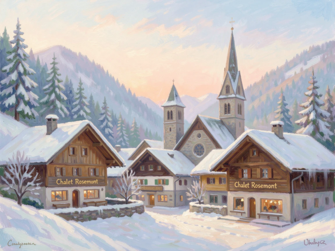 A traditional Swiss alpine village with wooden chalets and church bells ringing across a snowy valley, conveying a feeling of romance and tranquility.