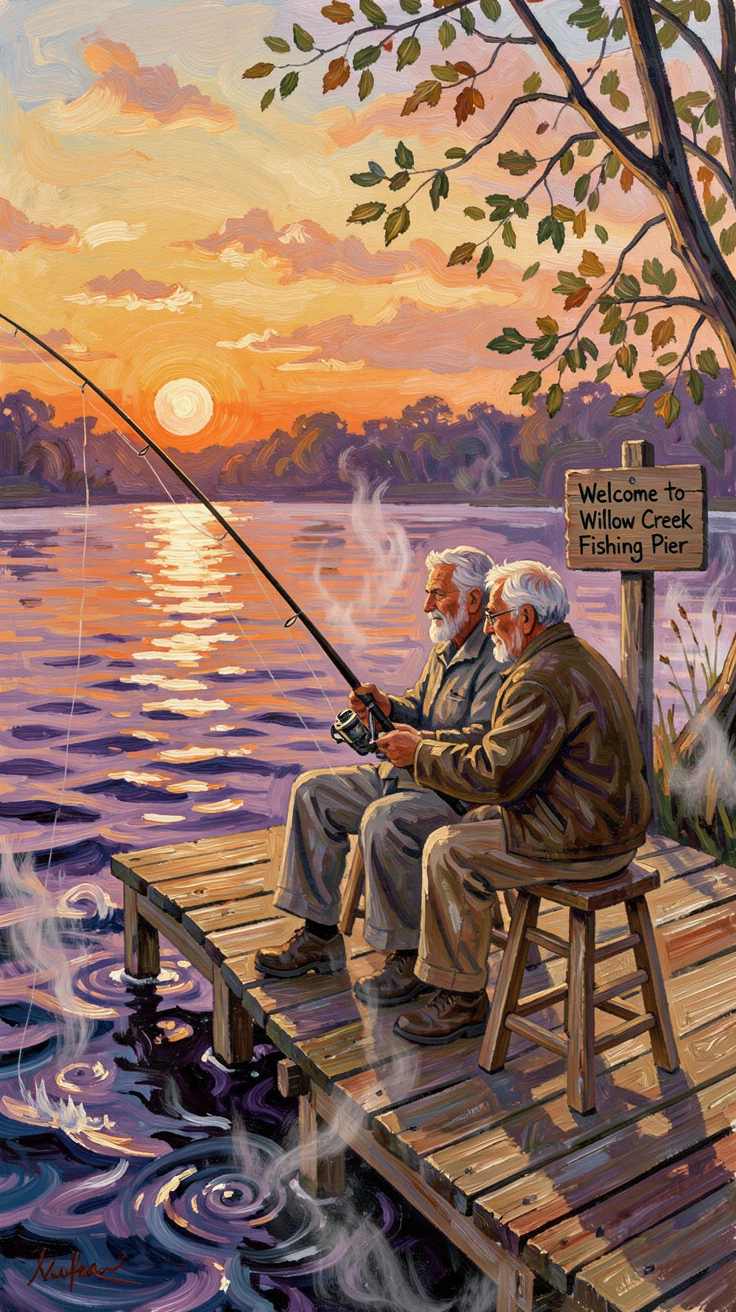 Two old friends fishing quietly from a dock as the sun rises over the water.