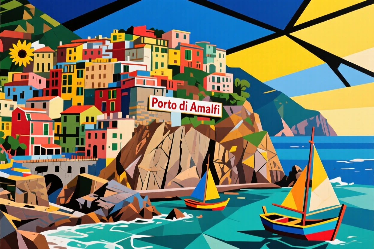 A colorful fishing village along the Amalfi coast clinging to steep cliffs.