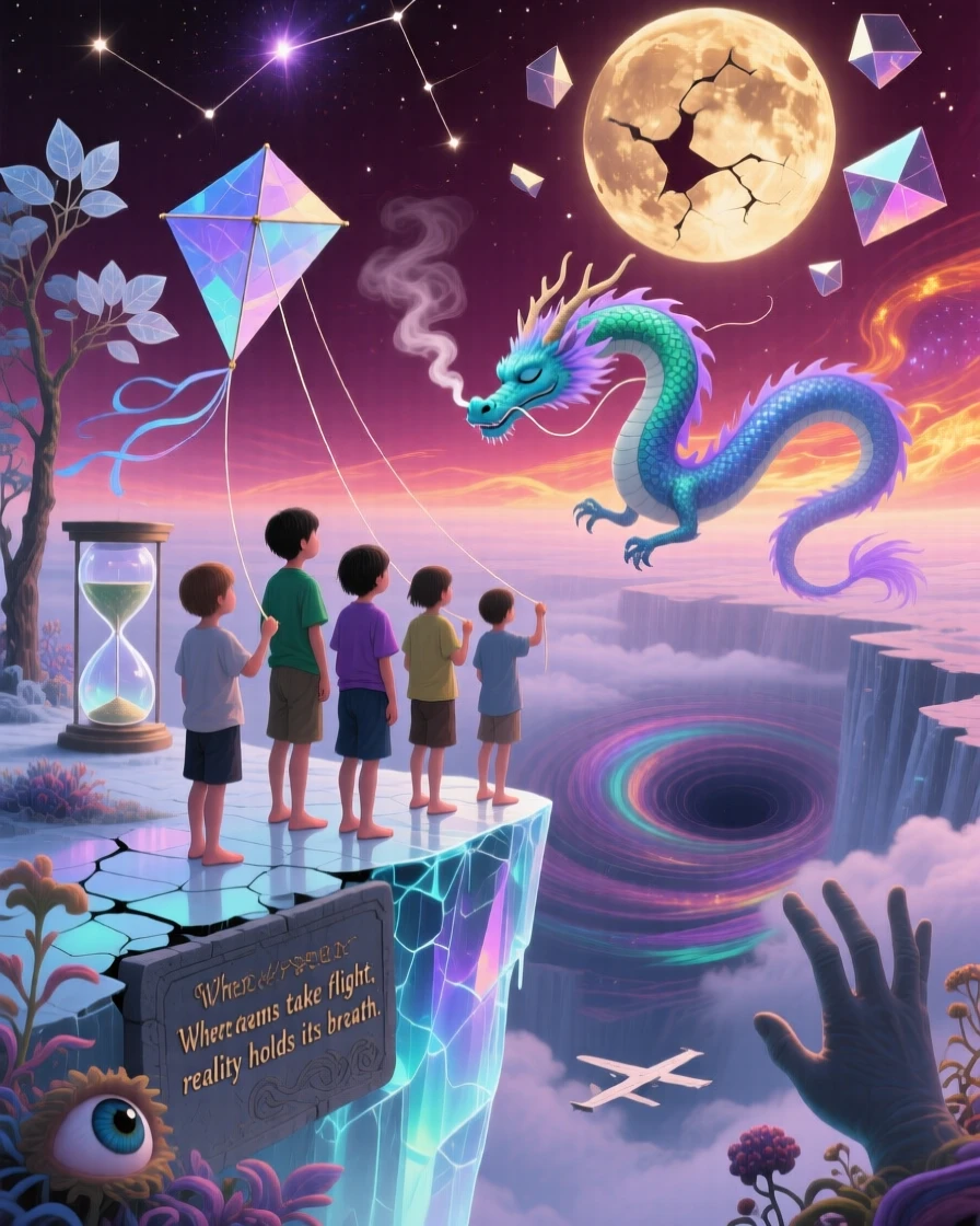 A group of children flying kites shaped like sleeping dragons pauses thoughtfully at the edge of an unfamiliar world, as everything around them holds still in quiet reverence.