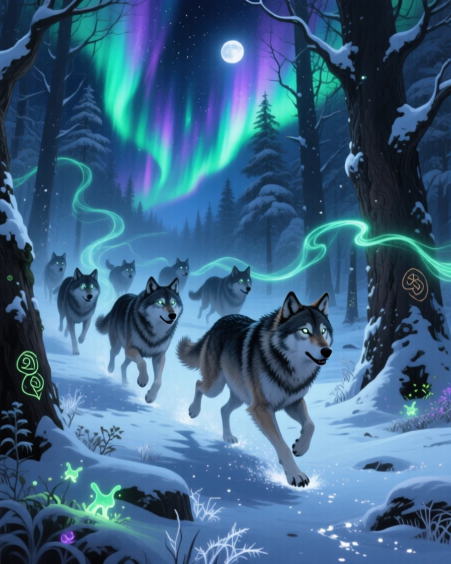 A pack of wolves with glowing silver eyes runs through a snow-covered enchanted forest beneath an aurora-filled night sky, faint traces of light or energy drifting through the air to heighten the sense of magic.