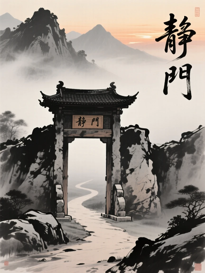 A stone temple gate stands at the entrance to a mist-covered mountain path, as evening light glows behind distant peaks.