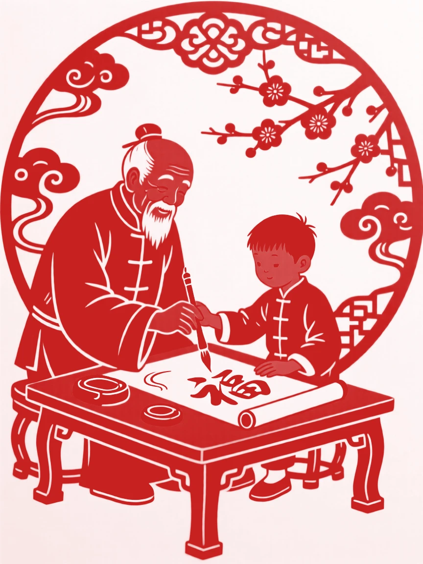 A grandfather teaching his grandson to write calligraphy at a low table, ink brush guided by a steady hand