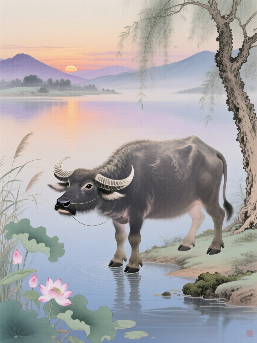 A water buffalo standing at the edge of a quiet lake at dusk