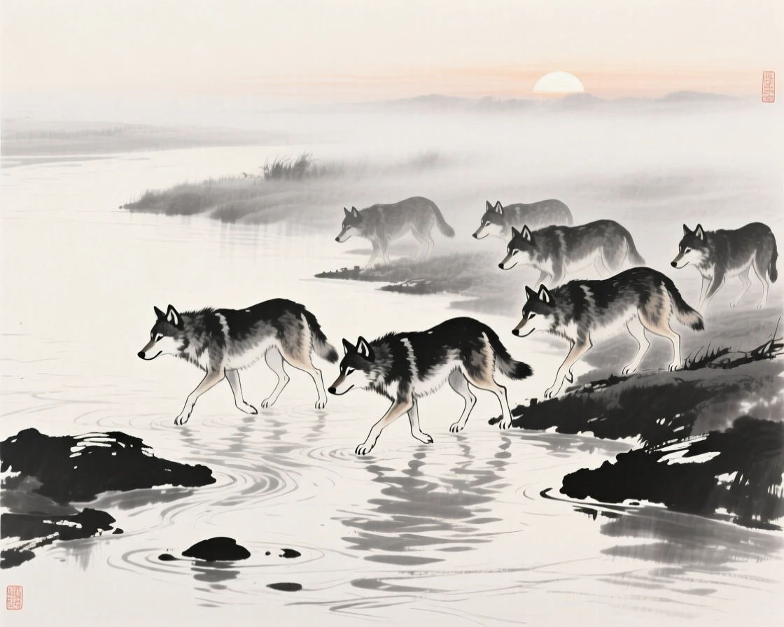 A pack of wolves crossing a shallow stream at first light along the bank of a quiet river, viewed through a gentle veil of morning mist, capturing a fleeting, tender moment of wild life.