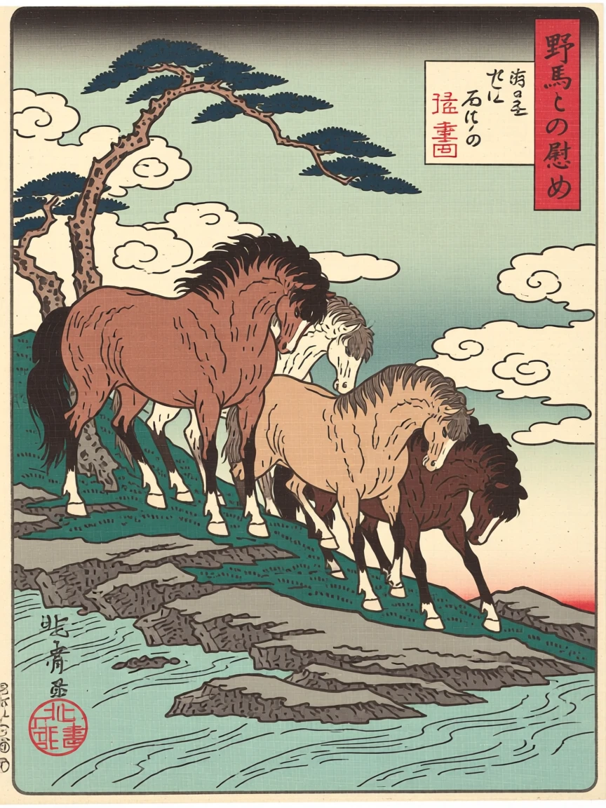A herd of wild horses grooming each other on a rocky outcrop.