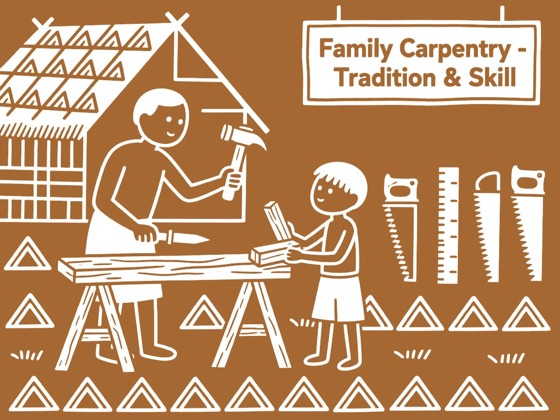 A carpenter teaching a young apprentice the family trade.