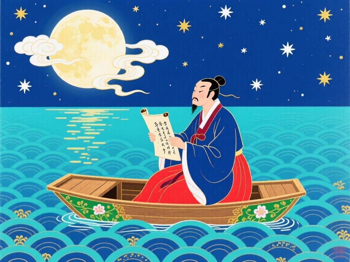 A poet reciting verses to the moon from a small boat adrift on a still lake.