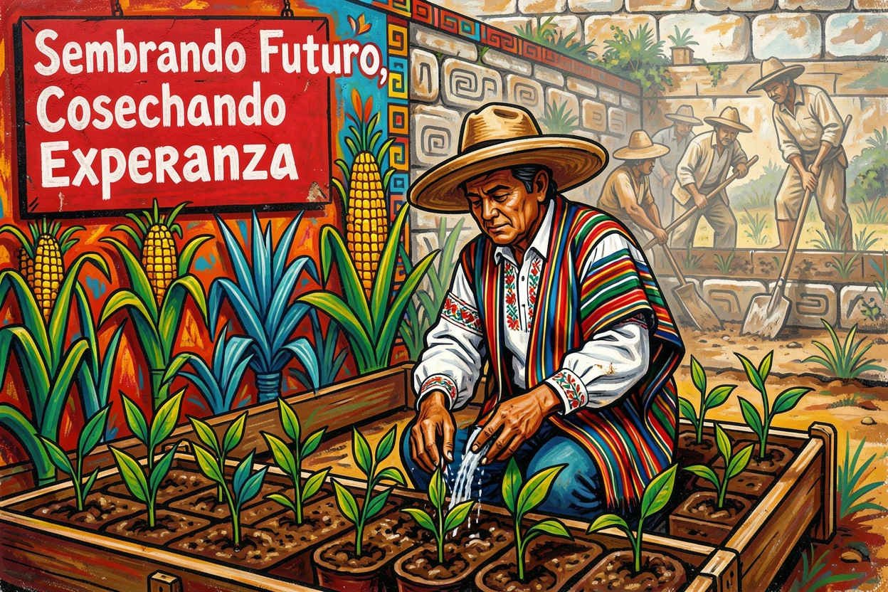 A farmer tending young saplings in a small nursery