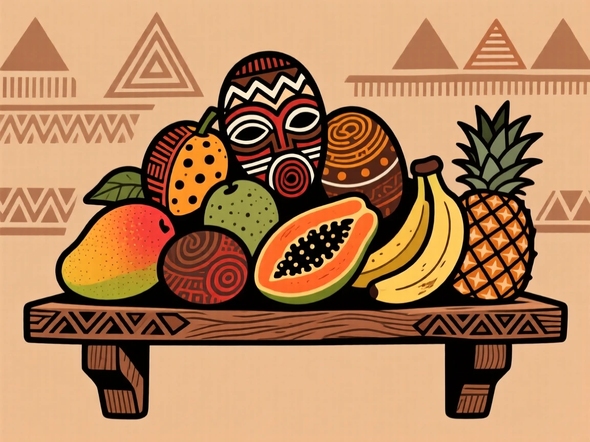 A pile of ripe tropical fruit arranged on a wooden shelf.