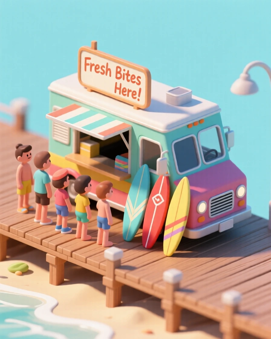 A colorful food truck parked at a beach boardwalk, a line of customers waiting, and surfboards leaning against its side.