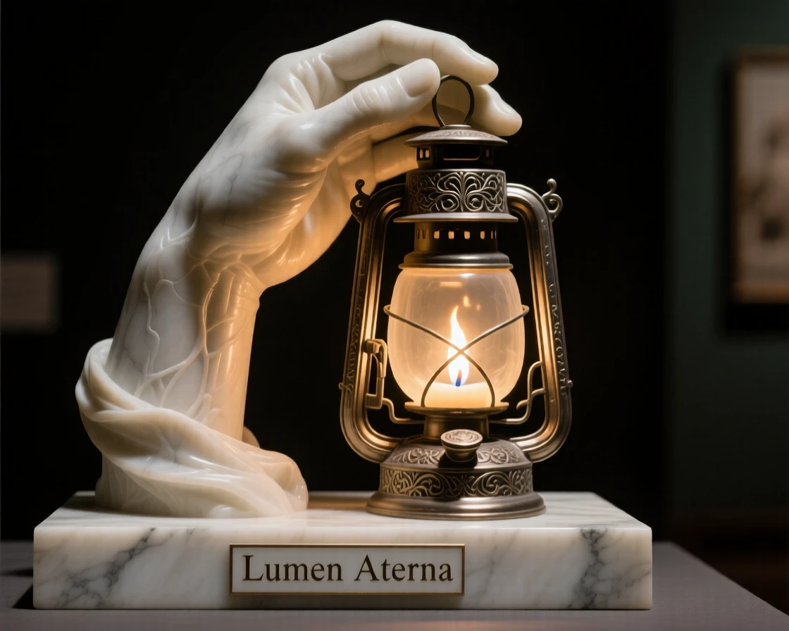 An elegant close-up study of a hand holding a glowing lantern in the dark, composed with warm, dramatic lighting