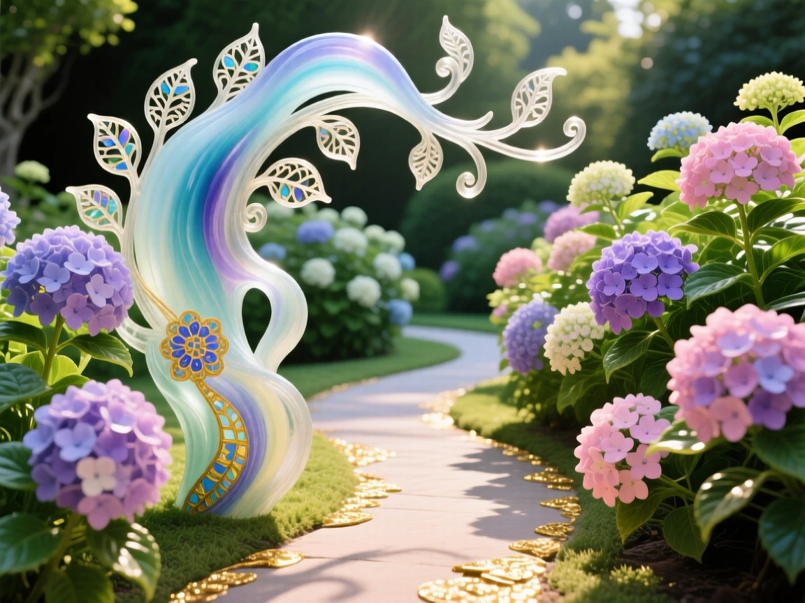 A garden path lined with blooming hydrangea bushes in early summer, lush and inviting.