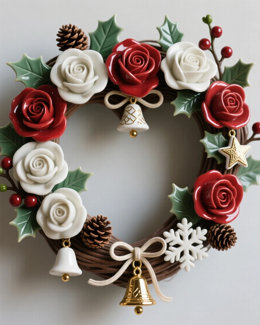A heart-shaped wreath of roses for a loved one arranged among traditional seasonal motifs, decorated with small festive charms, radiating cheerful holiday spirit.