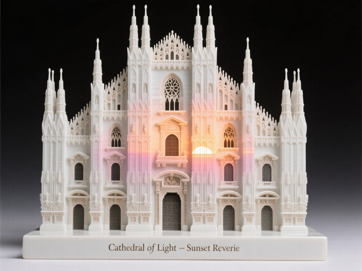 A grand view of a grand cathedral facade, glowing warmly at sunset.