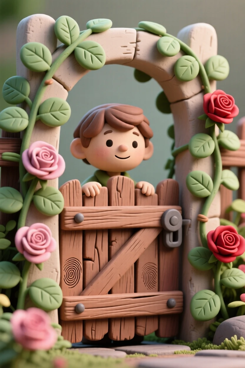 A hidden garden gate covered in climbing ivy and roses