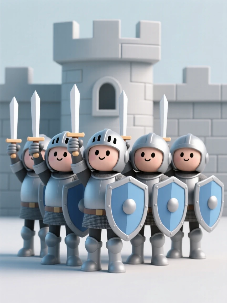 A group of knights raises swords together in a triumphant salute after successfully defending their castle.