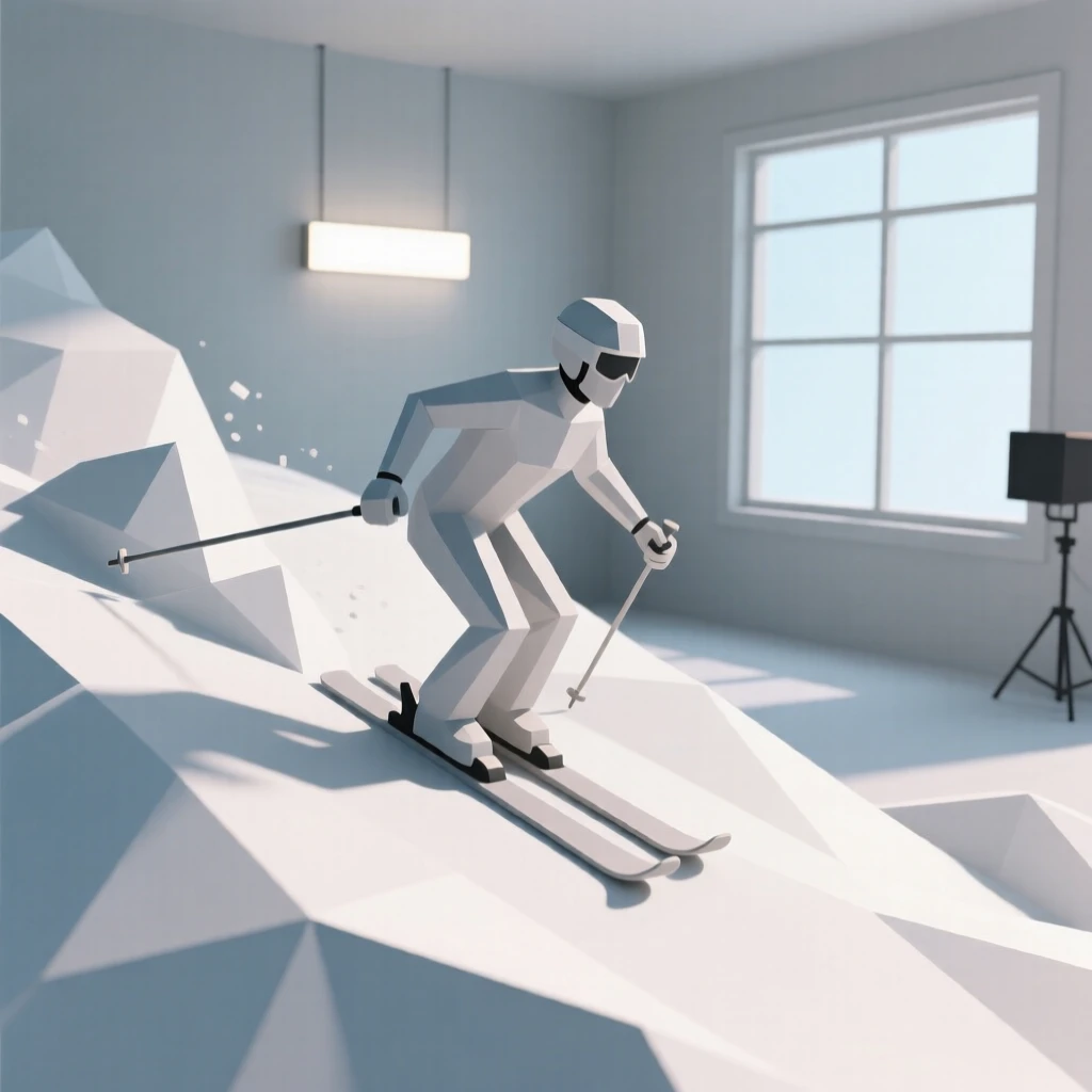 A skier carving down a powdery mountain slope, in a cozy sunlit studio. fine details highlight skill and craftsmanship. There is a calm sense of focus and skill.