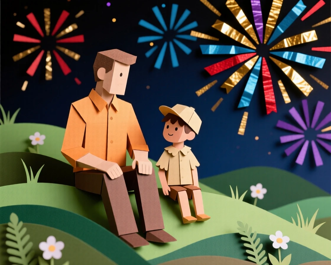 A father and his son watching fireworks from a hillside, with warm golden light wrapping around them, conveying nostalgia and gentle happiness.