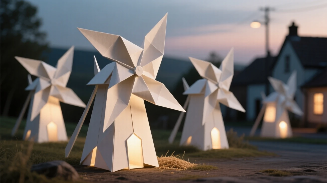 A village of windmills that generate soft glowing light instead of grinding grain.