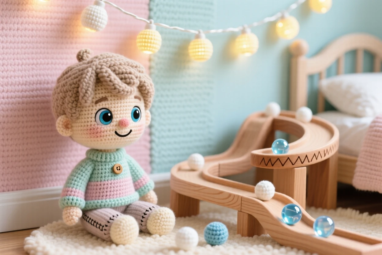 a small boy building a marble run, with wooden tracks and ramps, is shown watching a marble roll down the track within a sunlit bedroom with soft pastel walls beside a string of soft fairy lights along the wall, capturing a peaceful sense of home and belonging.