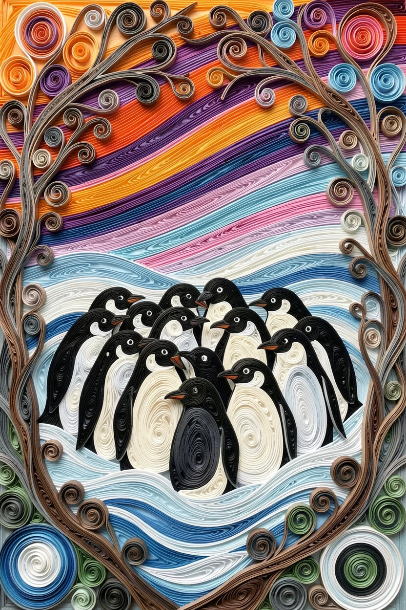 a colony of penguins huddled together in a blizzard, surrounded by softly rippling water, framed through a natural archway of branches, beneath a sky streaked with vivid color.