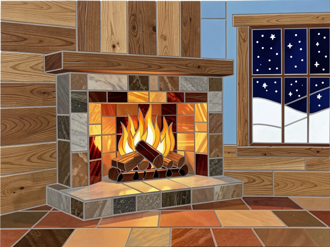 A crackling fireplace in a rustic cabin during a snowy evening, with soft warm lighting and an inviting, peaceful atmosphere.