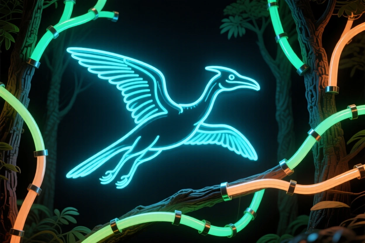 A Archaeopteryx gliding between branches in an ancient forest.