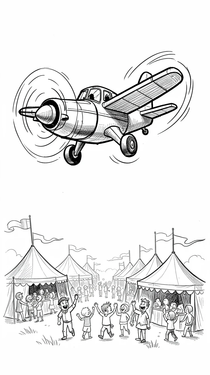 A small propeller airplane floating above a countryside festival.
