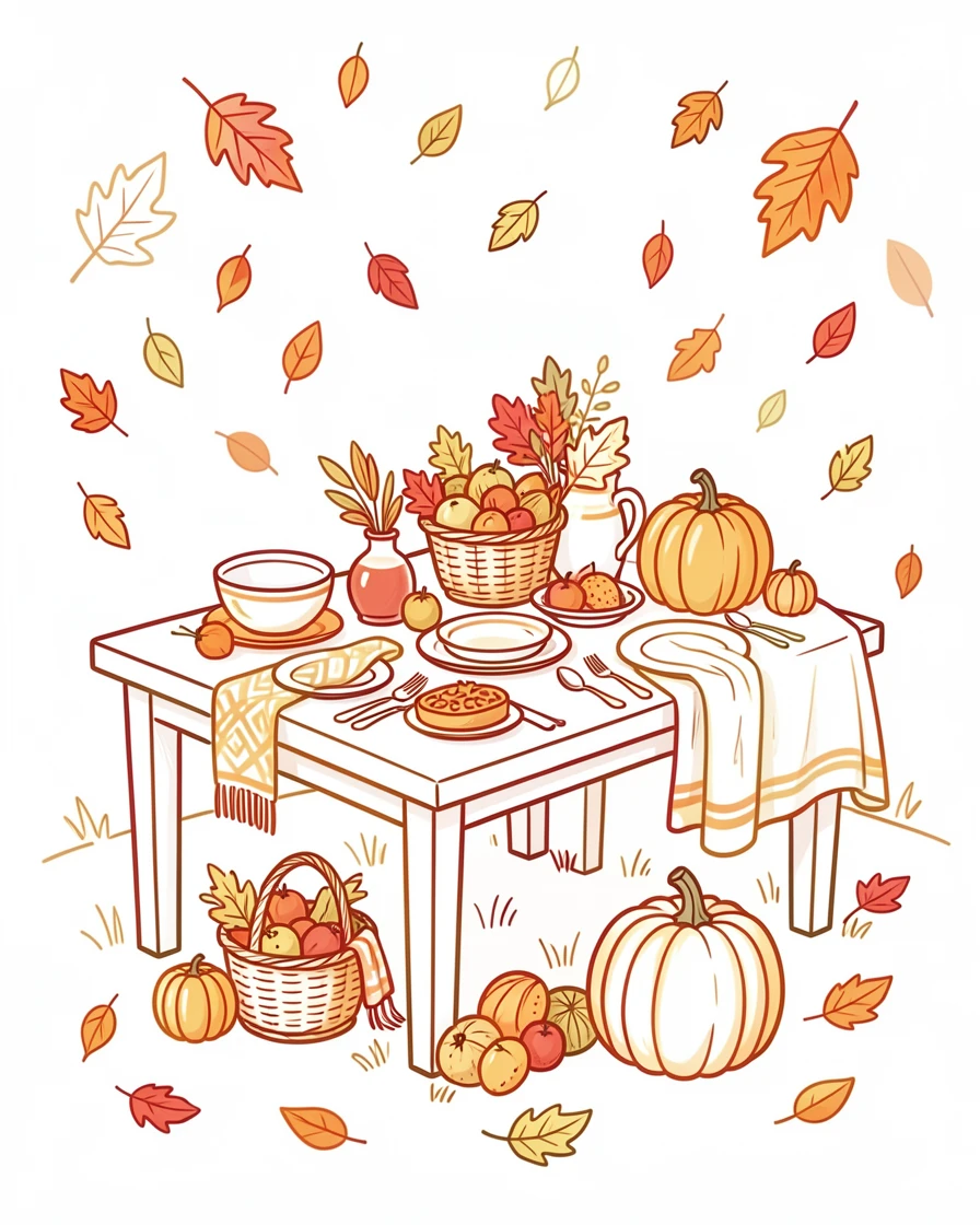 An autumn harvest table set outdoors surrounded by falling leaves.