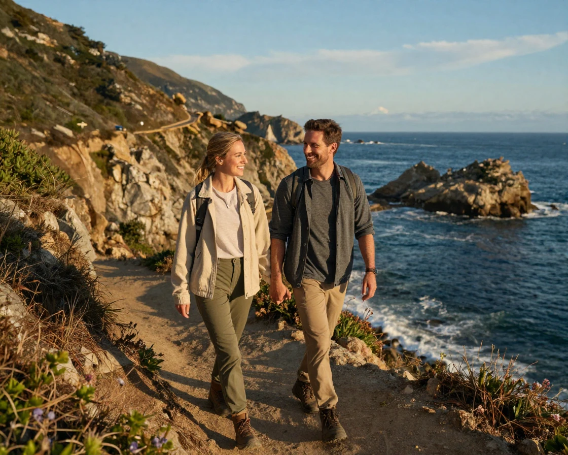 A couple hiking hand in hand along a coastal trail