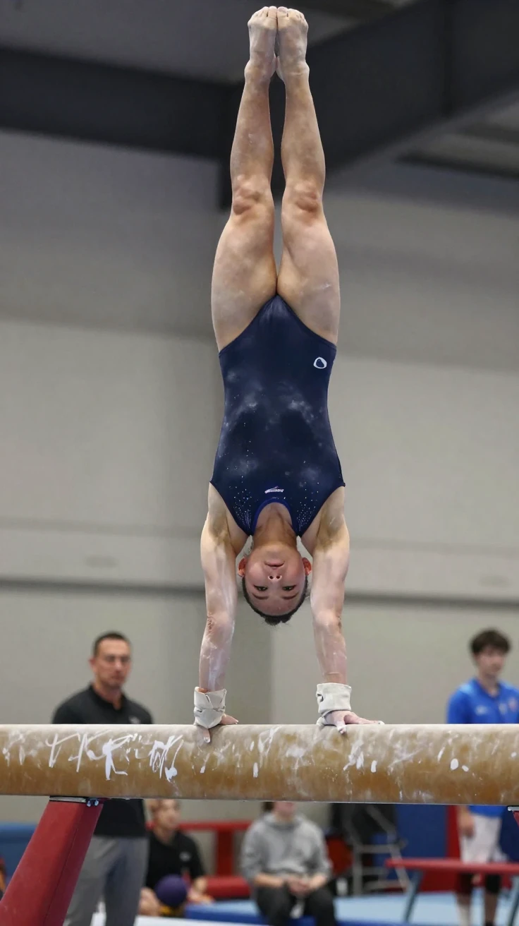 A gymnast holds a perfect handstand on a balance beam, arms trembling with focus.