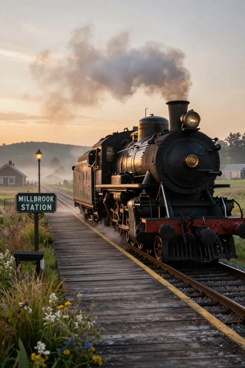 A vintage steam train waiting at a quiet countryside station at sunrise