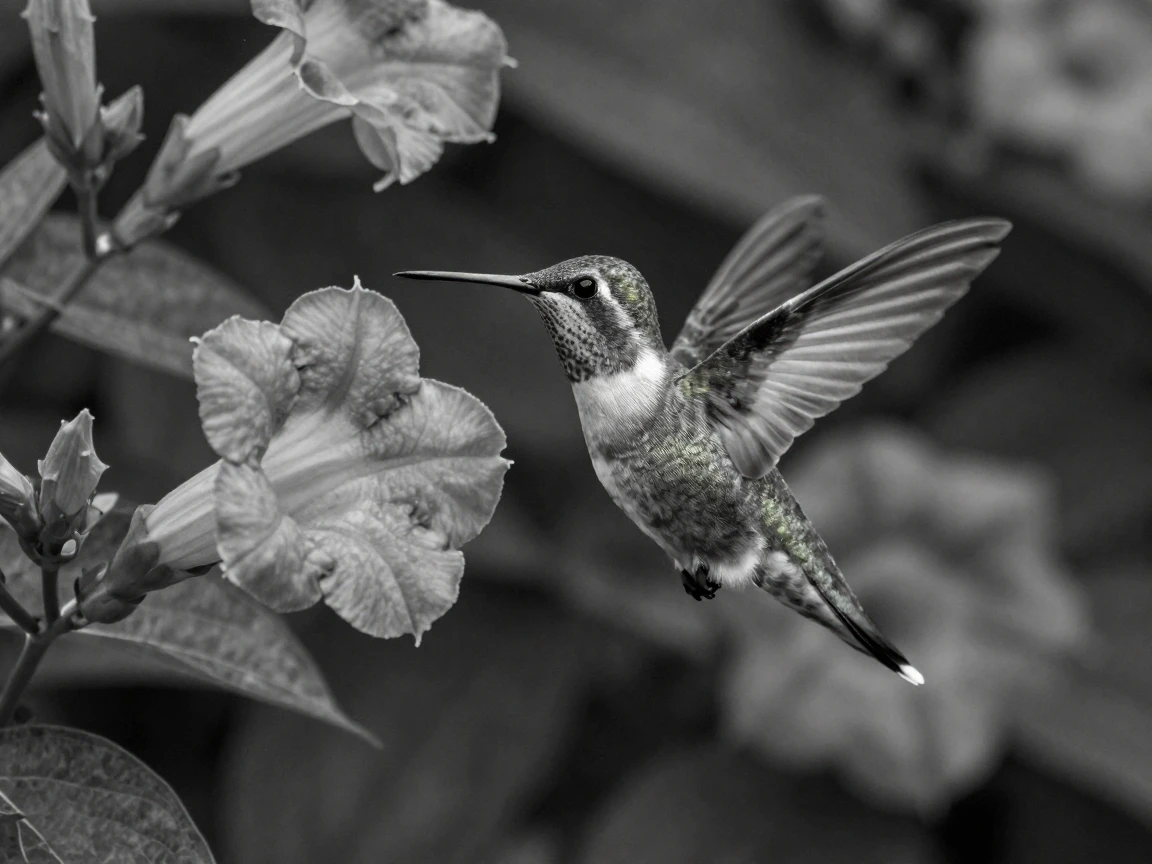 A hummingbird hovers beside a blooming trumpet flower beside a fragrant flower bed.