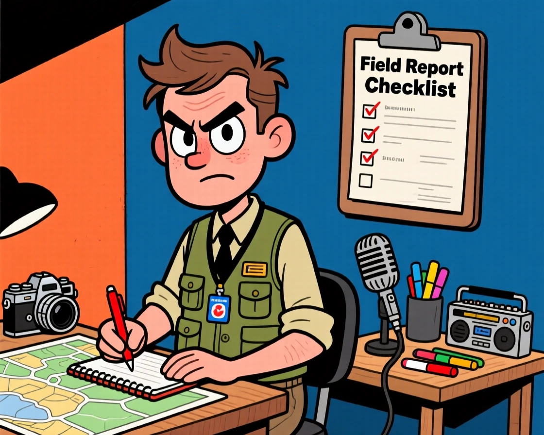 A vibrant profession-themed portrait of a bold war correspondent carefully double-checking every last detail, with tools neatly arranged nearby.