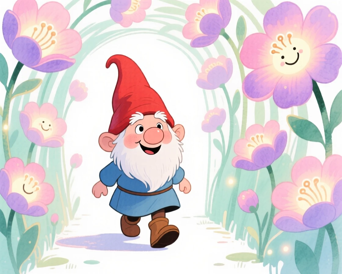 A garden gnome guardian walking through a tunnel of blooming glowing flowers