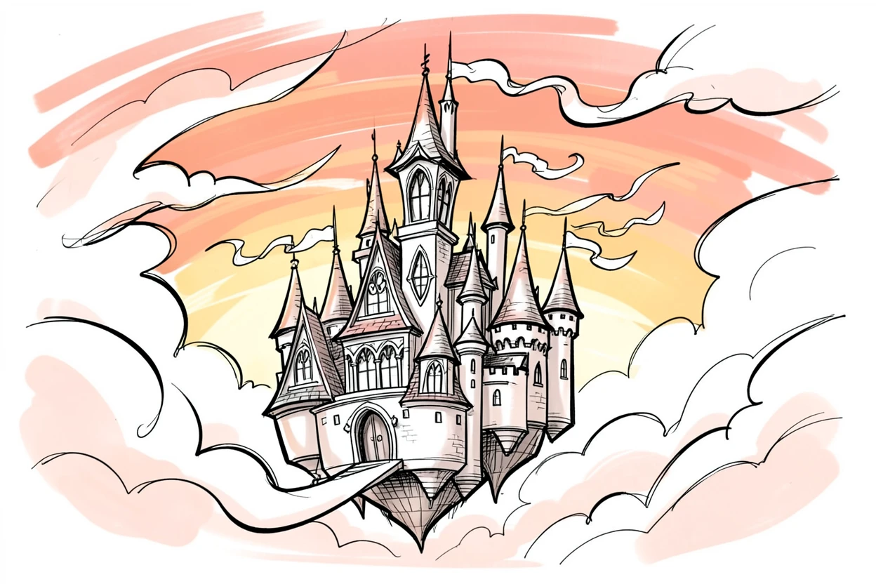 [Fantasy & Imaginative Scenarios] Imaginative fantasy scene of a castle floating gently among the clouds at sunset, brimming with wonder